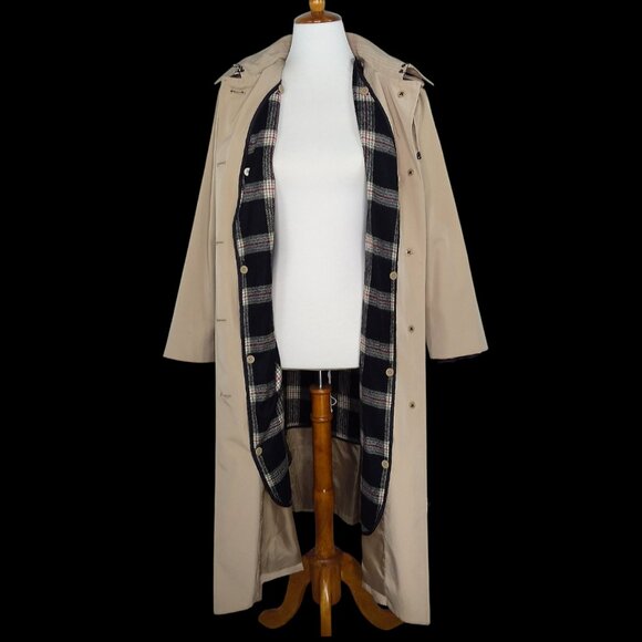 London Fog Maxi Trench Coat Size Large Hooded Belt Removable Liner Khaki - Picture 13 of 16